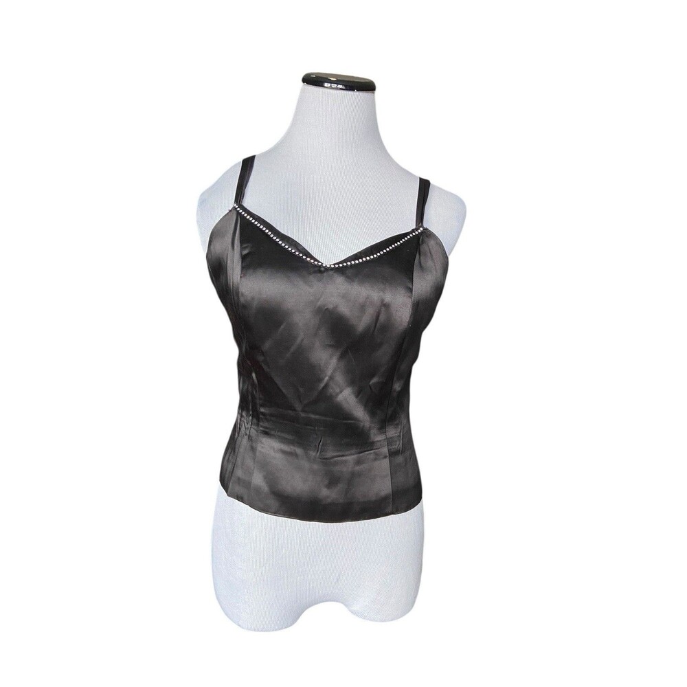 Vintage Y2K Satin Rhinestone Trim Corset Cami Top Size‎ S Black Whimsygoth Glam